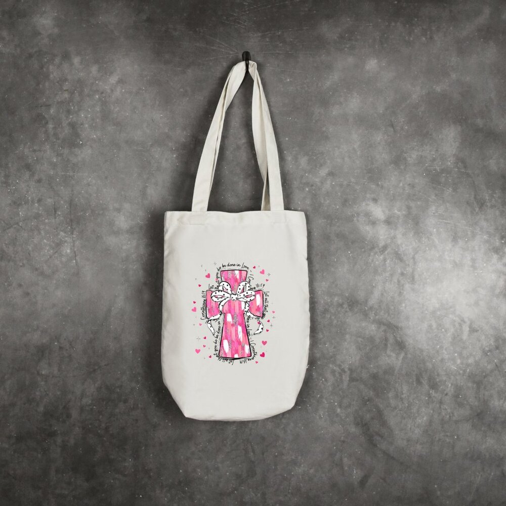 Women's Pink Silver White Glitter Look Cross DTF Custom Tote Bag